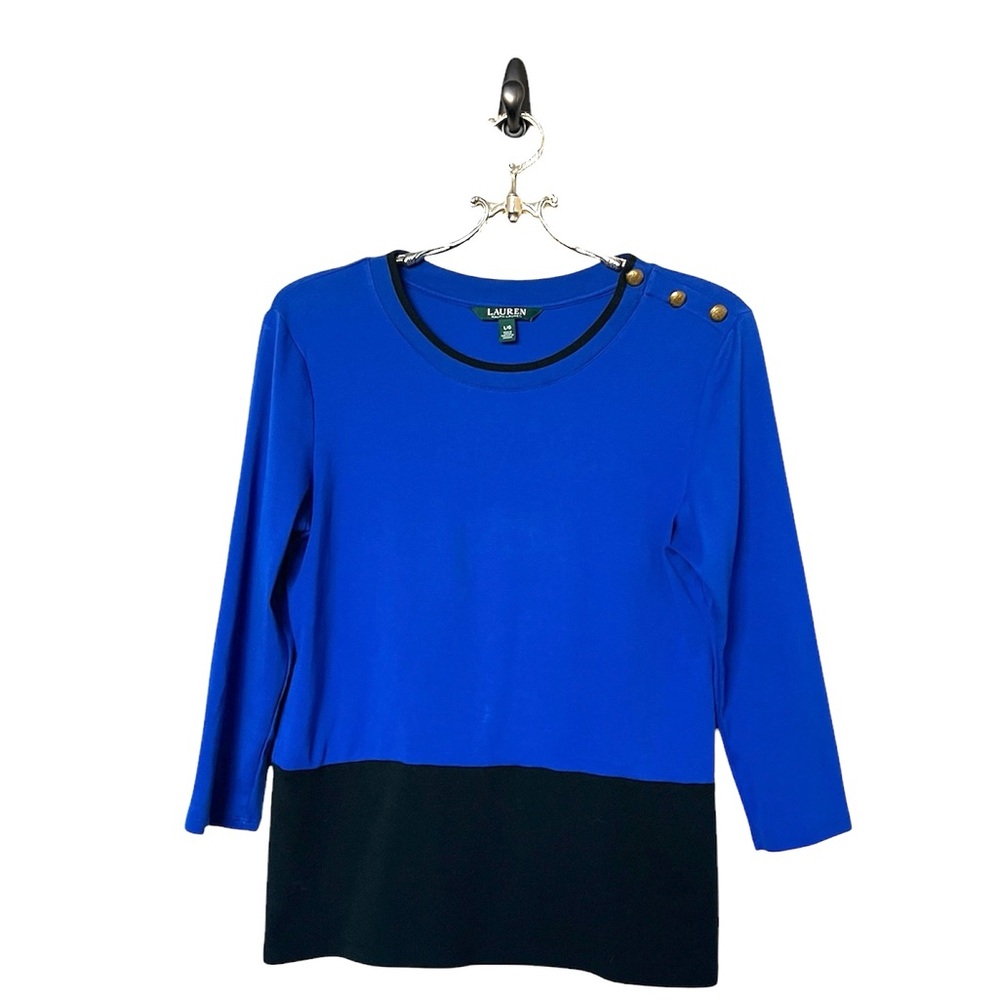 Lauren Ralph Lauren Blue and Black 3/4 Sleeve Shirt with Gold buttons Si…